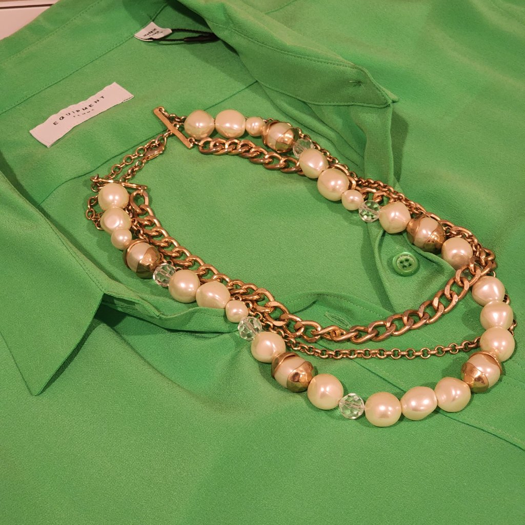 Brand New!! Tahari: Rustic Gold-Toned Triple-Chain Pearl-Beaded Necklace